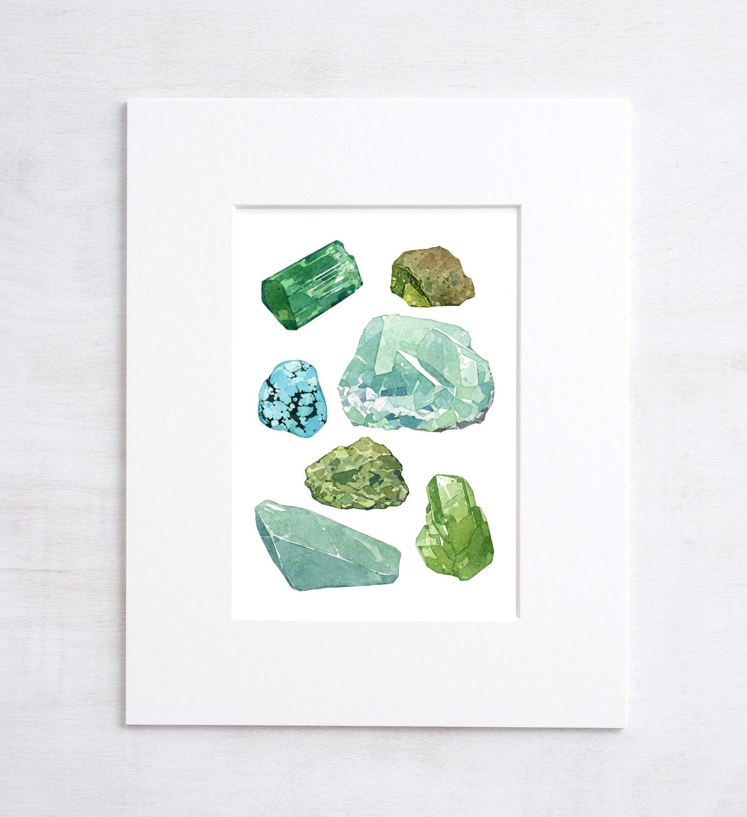 Green Minerals Watercolor Print, Gems and Crystals Art Print
