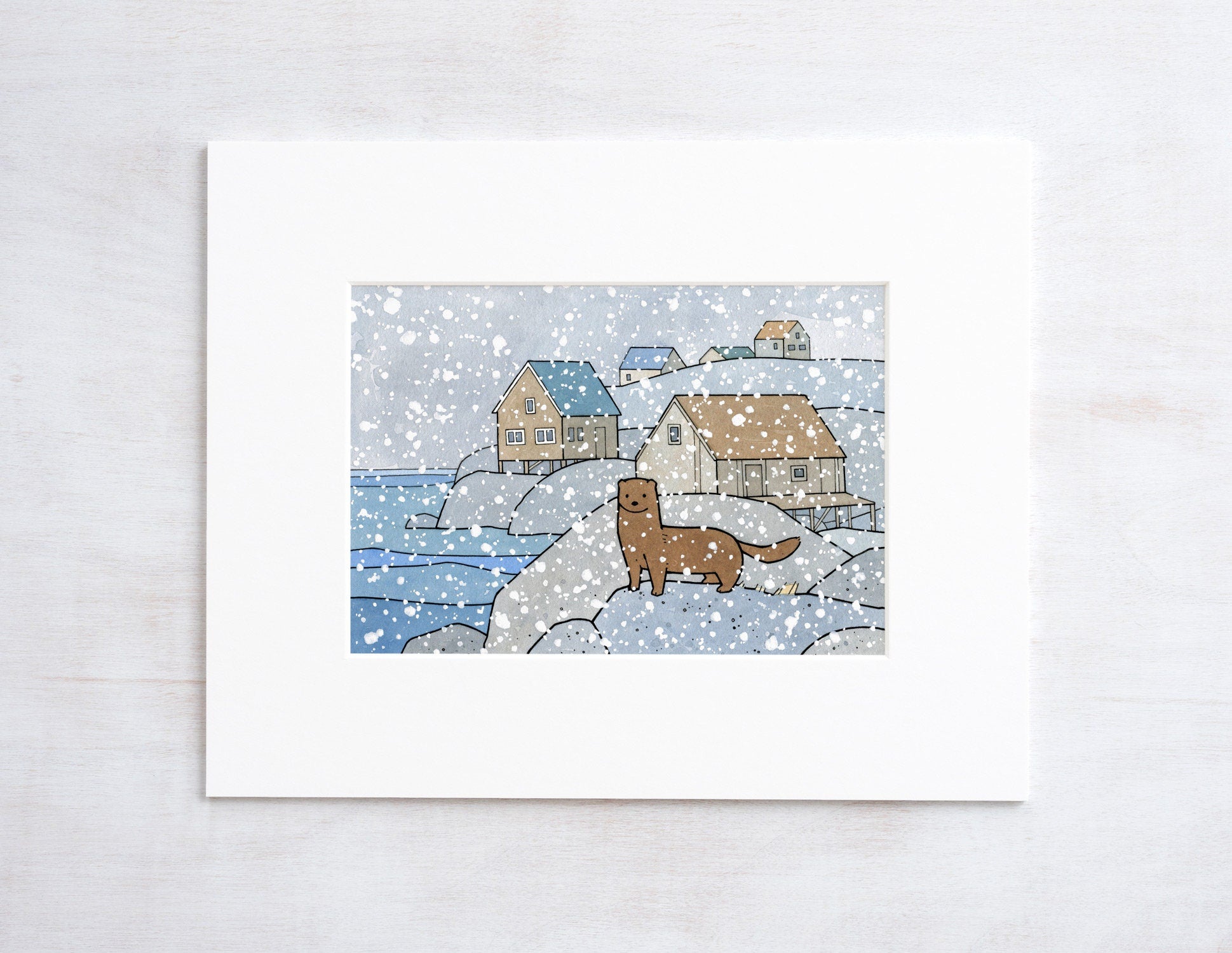 Mink Cute Animal Art Print, Snowy Coast Illustration for Kids Room