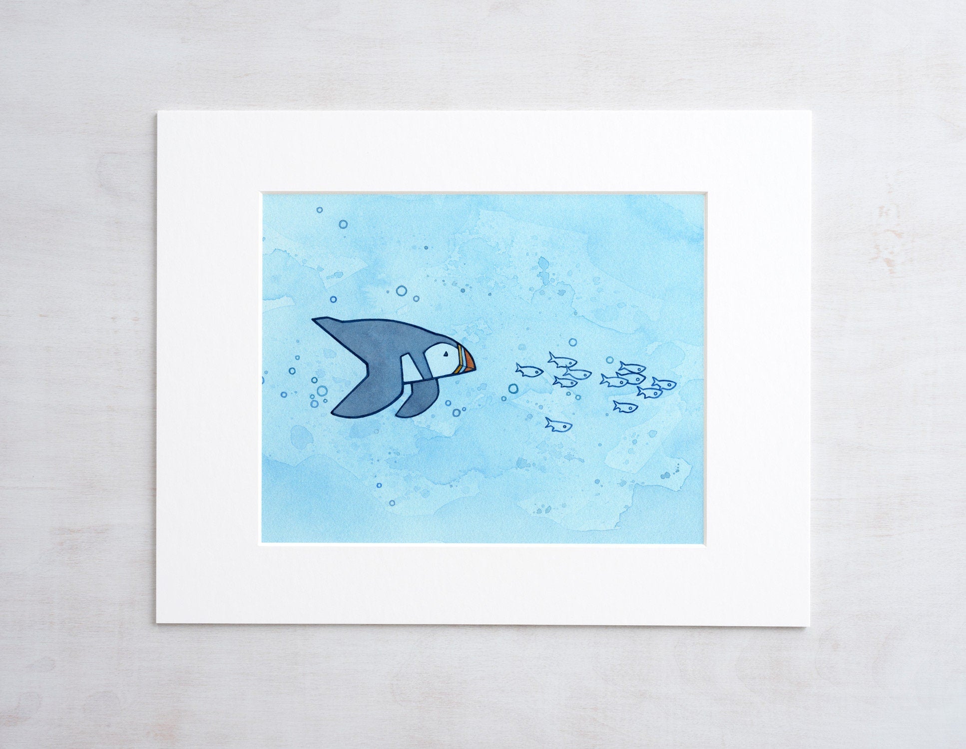 Swimming Puffin Art Watercolor Print, Whimsical Illustration Wall Art, Maine Coastal Art