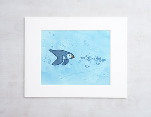 Swimming Puffin Art Watercolor Print, Whimsical Illustration Wall Art, Maine Coastal Art