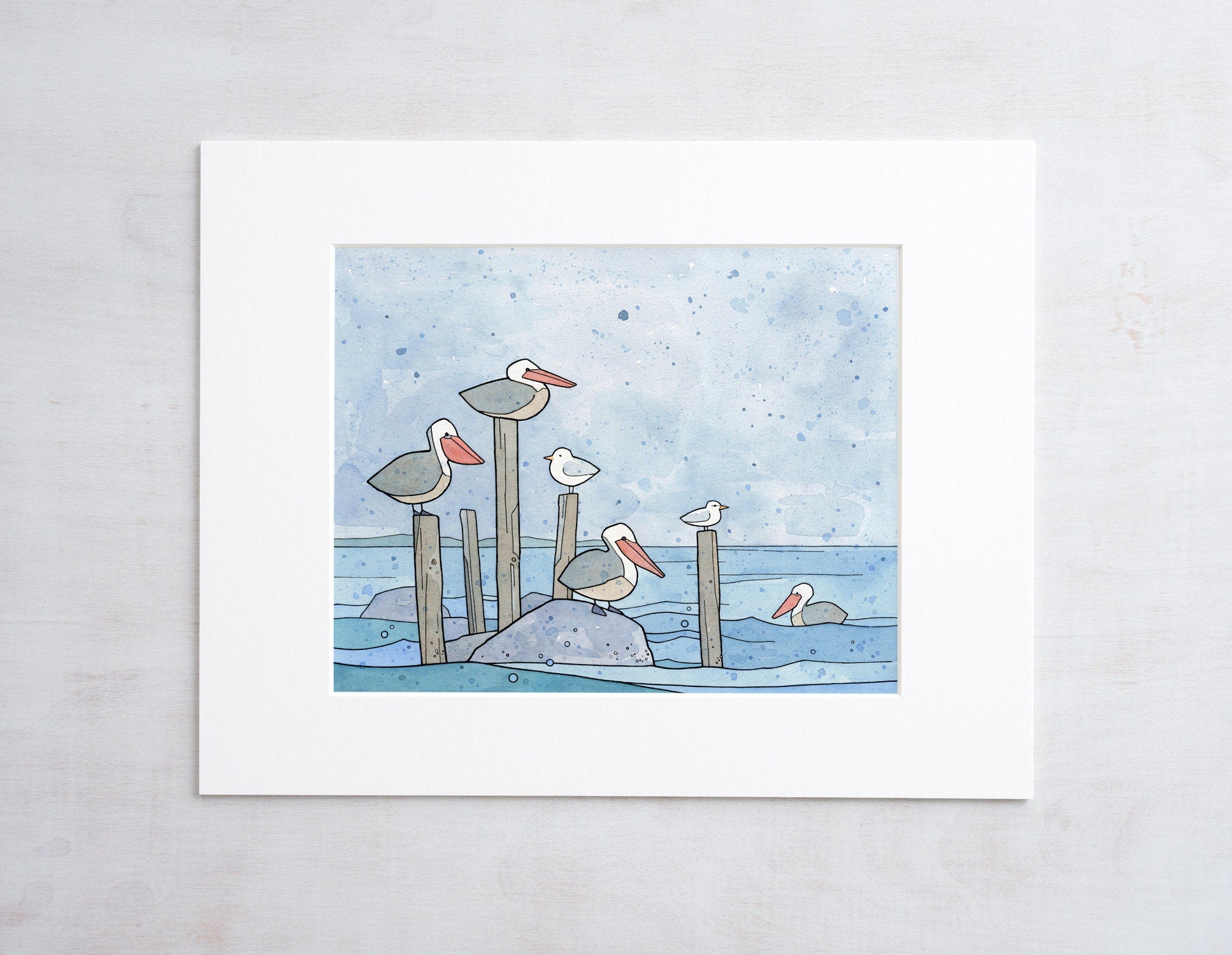Pelicans in Rain Art Print, Coastal Nursery Wall Art, Ink and Watercolor Bird Illustration