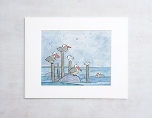 Pelicans in Rain Art Print, Coastal Nursery Wall Art, Ink and Watercolor Bird Illustration