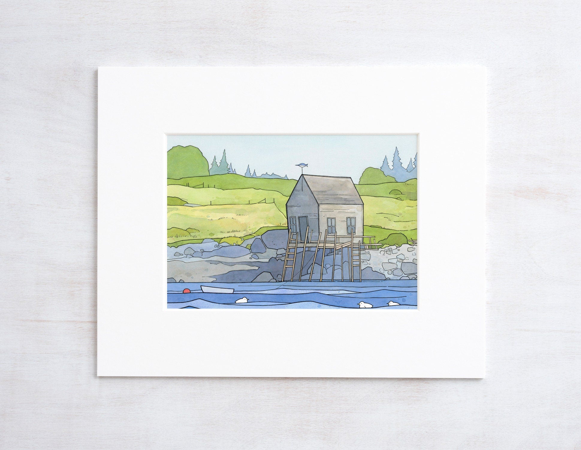 Maine Coast Landscape Print, Vinalhaven Boathouse Drawing