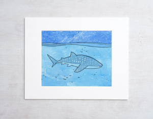 Whale Shark Ocean Watercolor Ink Illustration Print, Kids Wall Art