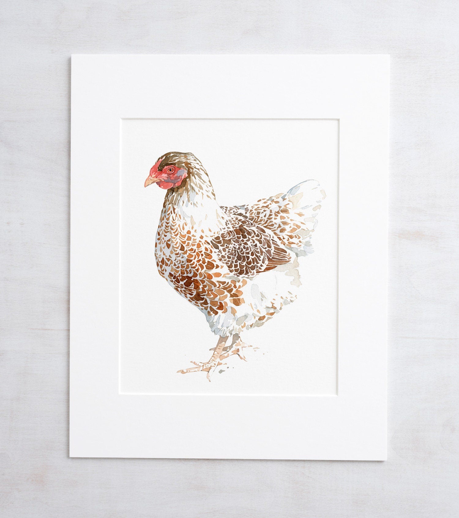 Chicken Watercolor Print, White and Brown Hen, 8x10 Farm Animal Print