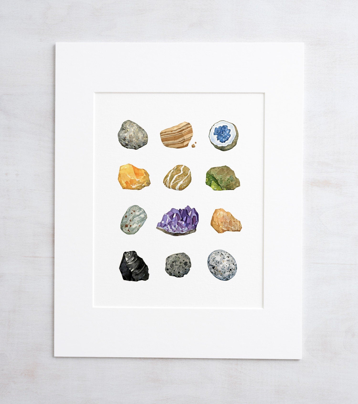 Rock Mineral Collection Art Print 8x10 Watercolor