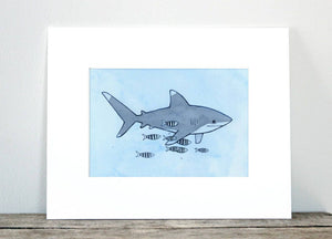 Shark Illustration Print, Shark Nursery Decor, Children's Watercolor Wall Art, White Tip Shark with Pilot Fish