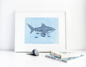 Shark Illustration Print, Shark Nursery Decor, Children's Watercolor Wall Art, White Tip Shark with Pilot Fish