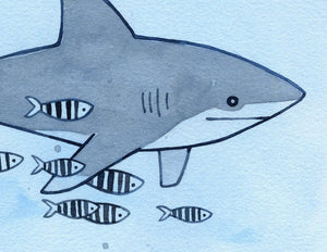 Shark Illustration Print, Shark Nursery Decor, Children's Watercolor Wall Art, White Tip Shark with Pilot Fish
