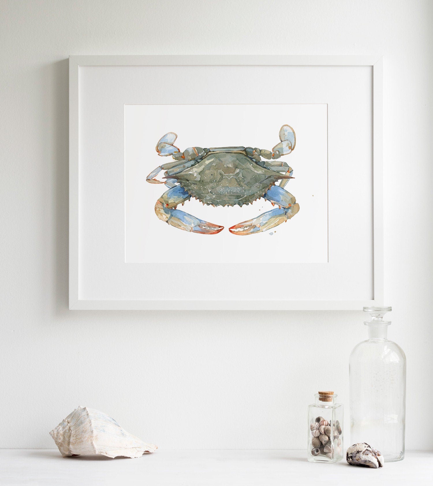 Blue Crab Watercolor Art Print, Coastal Decor, Crab Wall Art