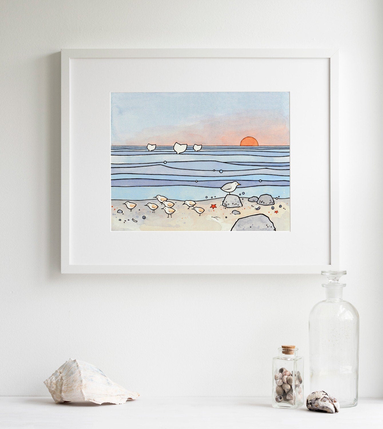 Beach Illustration Sandpipers and Whales Print, Coastal Shore Art Illustration