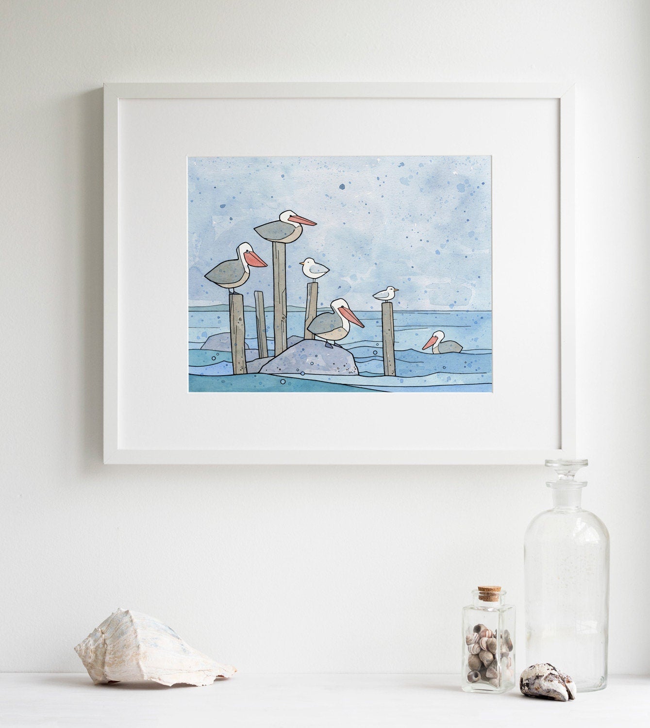 Pelicans in Rain Art Print, Coastal Nursery Wall Art, Ink and Watercolor Bird Illustration