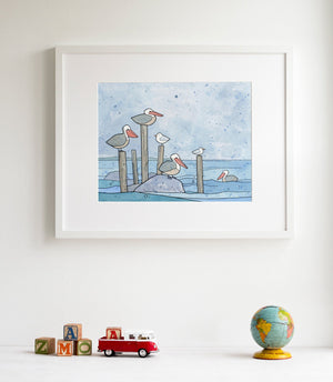Pelicans in Rain Art Print, Coastal Nursery Wall Art, Ink and Watercolor Bird Illustration