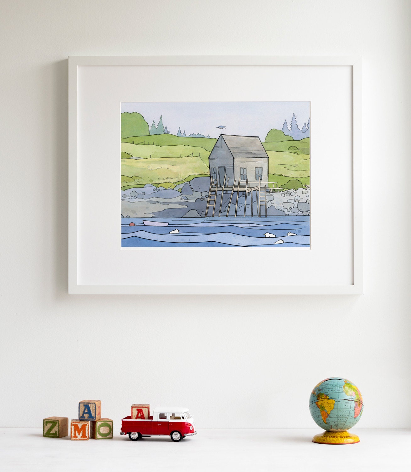 Maine Coast Landscape Print, Vinalhaven Boathouse Drawing