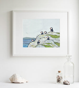 Puffins and Sea Thrift Print, Coastal Bird Art