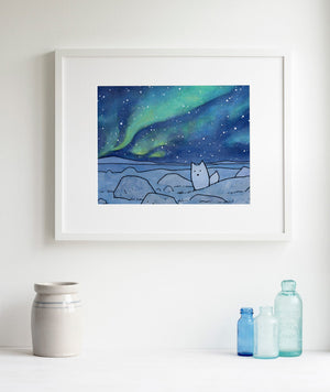 Northern Lights Arctic Fox Art Print, Watercolor Illustration, Kids Room Wall Art, Winter Decor