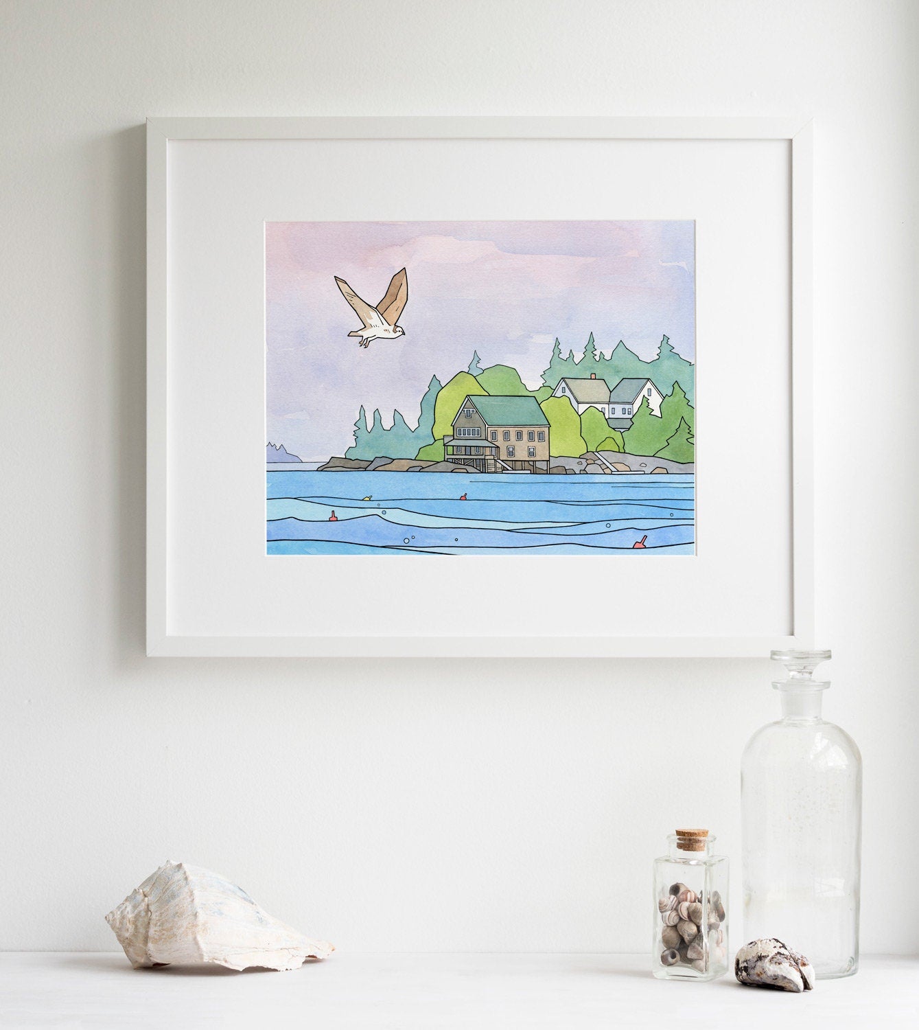 Osprey Art Print, Maine Coast Landscape, Hog Island Audubon Camp, Watercolor and Ink Illustration