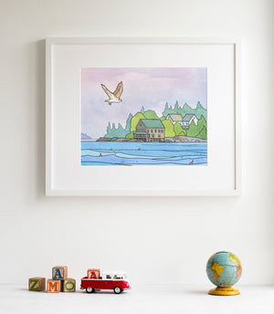 Osprey Art Print, Maine Coast Landscape, Hog Island Audubon Camp, Watercolor and Ink Illustration