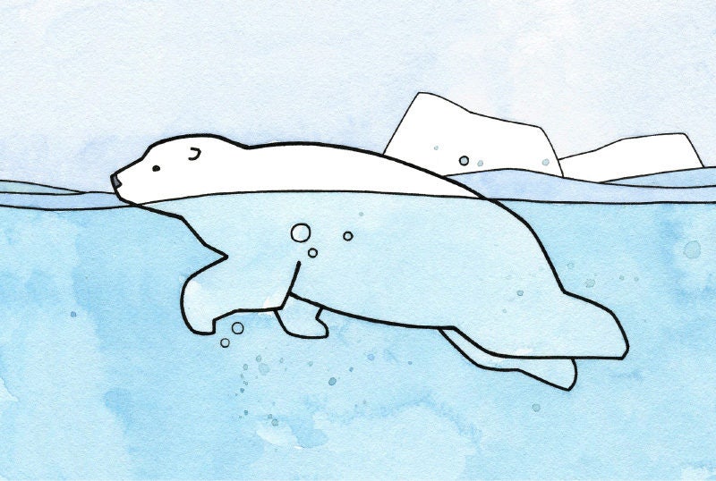Swimming Polar Bear Print, Mini Art Print, Arctic Wall Decor