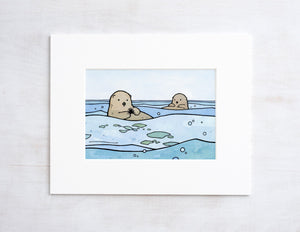 Sea Otters Watercolor Illustration Ocean Print, Animal Art for Kids, Coastal Beach Art Children