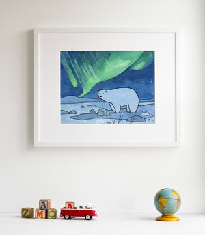 Polar Bear and Northern Lights Art Print, Arctic Nursery, Cute Animal Illustration