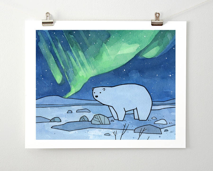 Polar Bear and Northern Lights Art Print, Arctic Nursery, Cute Animal Illustration