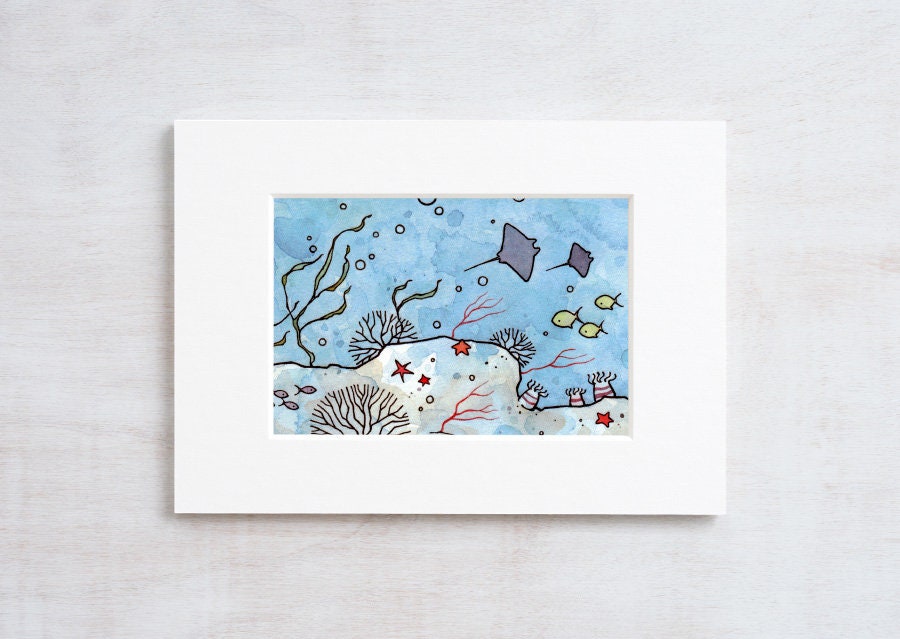 Sting rays underwater ocean art, kids room mini print, ocean nursery wall art