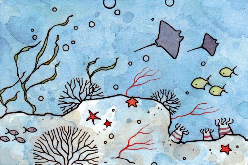 Sting rays underwater ocean art, kids room mini print, ocean nursery wall art
