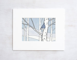 Nuthatch and Aspens Winter Illustration Print, Kids Wall Art