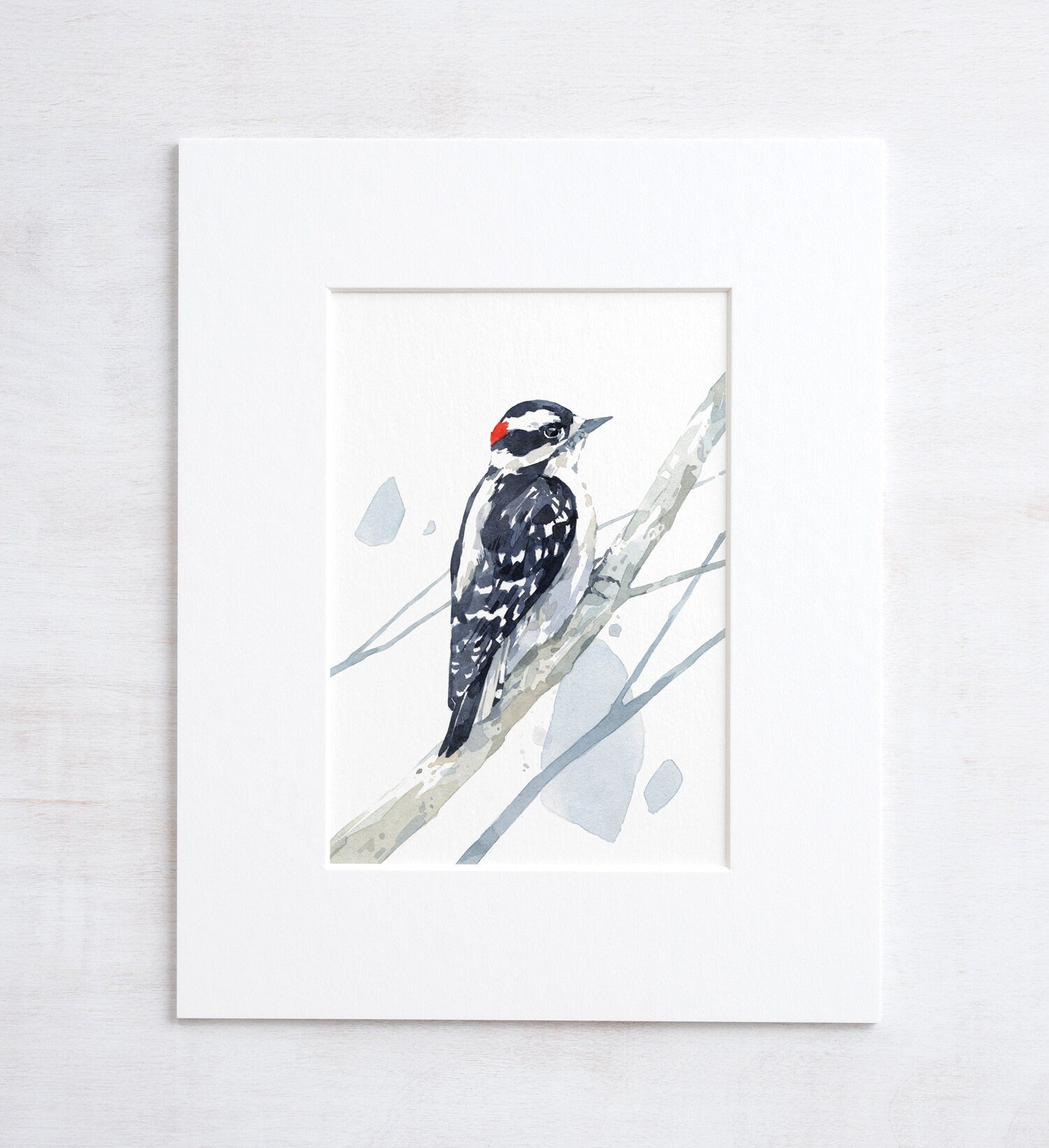 Downy Woodpecker Watercolor Print, Woodland Painting, Bird Watercolor 5x7