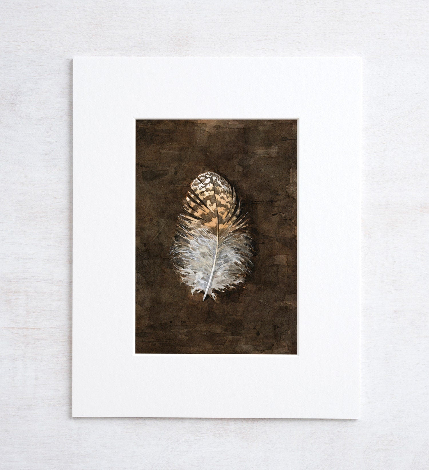 Owl Feather Watercolor Print, rustic nature art print, 5x7
