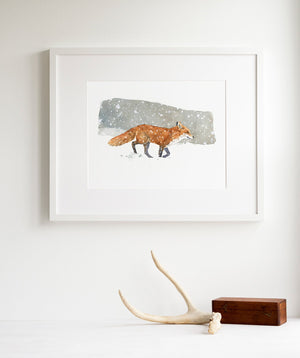 Red Fox in Snow Watercolor Painting, Art Print