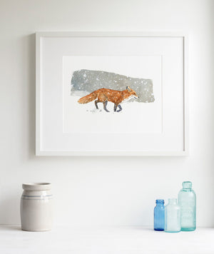 Red Fox in Snow Watercolor Painting, Art Print