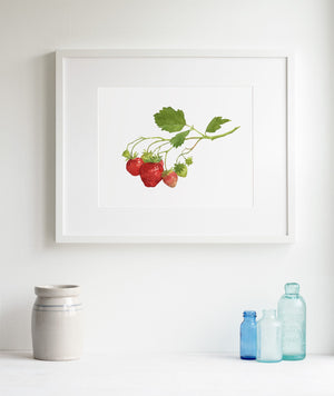 Strawberry Botanical Watercolor Print, Kitchen Decor