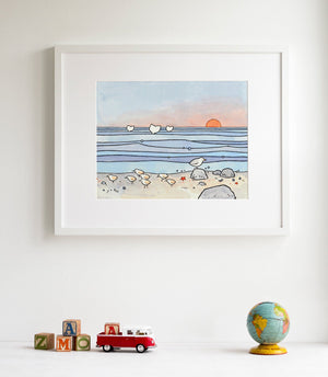 Beach Illustration Sandpipers and Whales Print, Coastal Shore Art Illustration