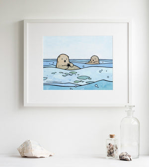 Sea Otters Watercolor Illustration Ocean Print, Animal Art for Kids, Coastal Beach Art Children