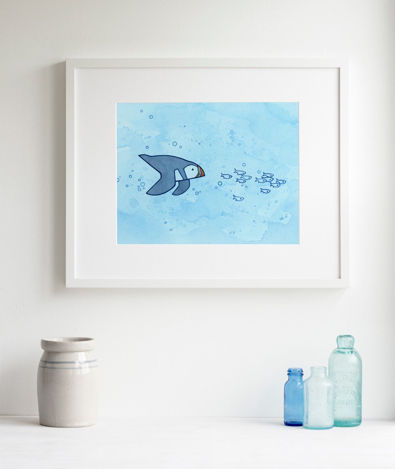 Swimming Puffin Art Watercolor Print, Whimsical Illustration Wall Art, Maine Coastal Art
