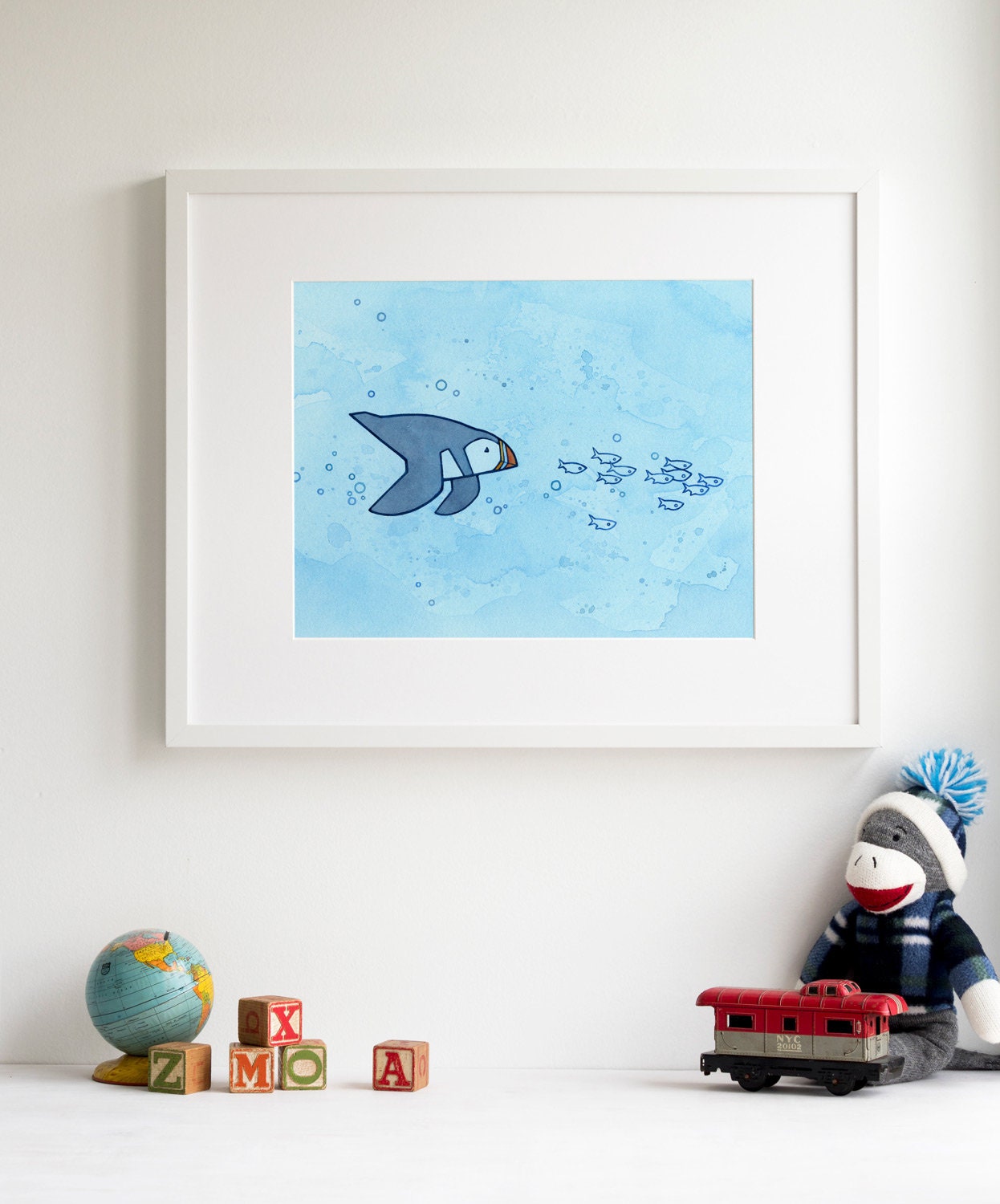 Swimming Puffin Art Watercolor Print, Whimsical Illustration Wall Art, Maine Coastal Art