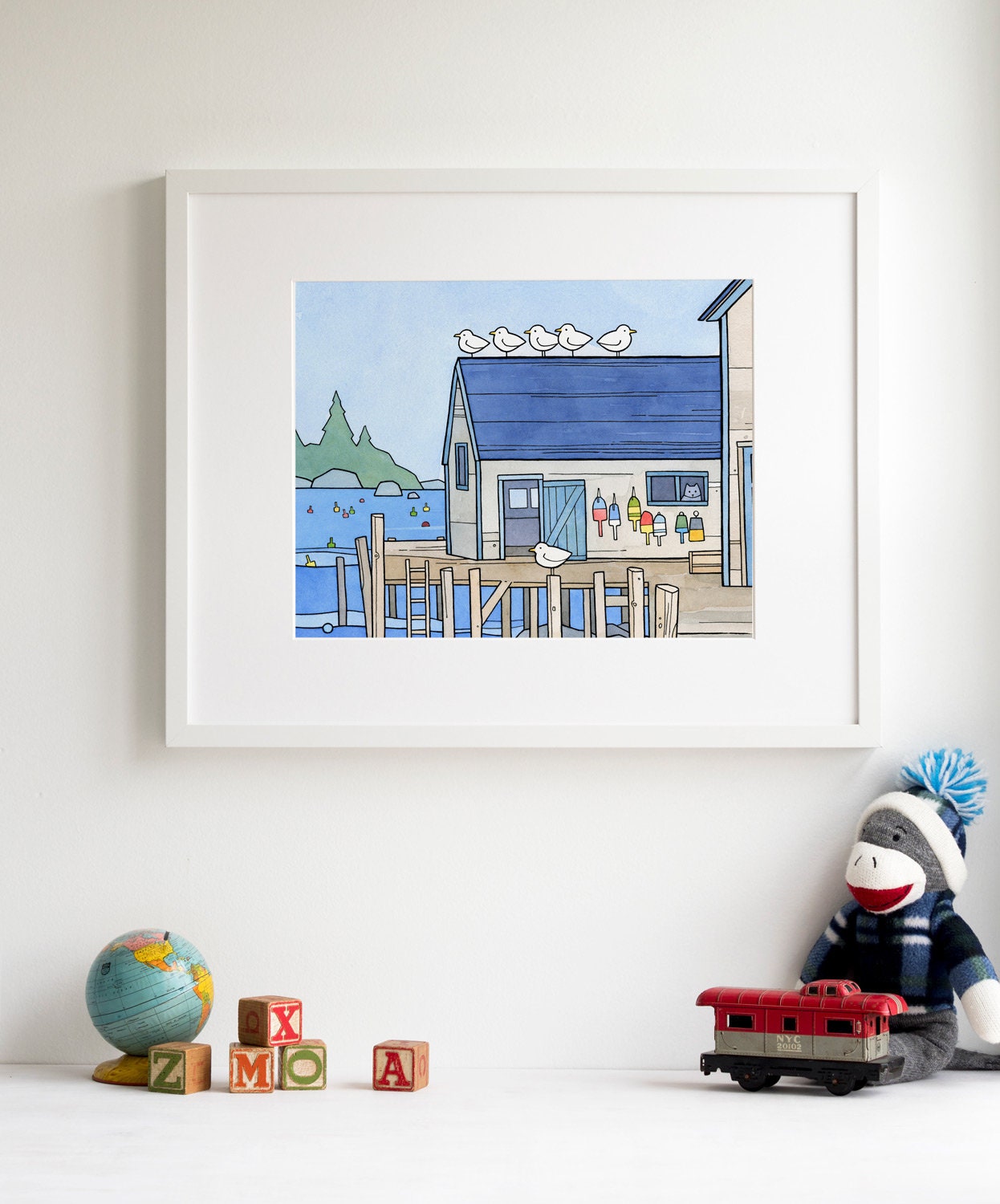Whimsical New England Seascape Print, Lobster Dock Art Print, Watercolor Art Print