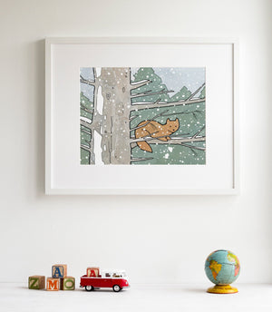 Pine Marten Animal Art Print, Snowy Nature Illustration