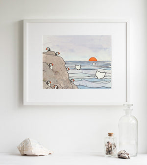 Whale Tails and Puffins Illustration Print, Nursery Wall Art, Coastal Bird Art