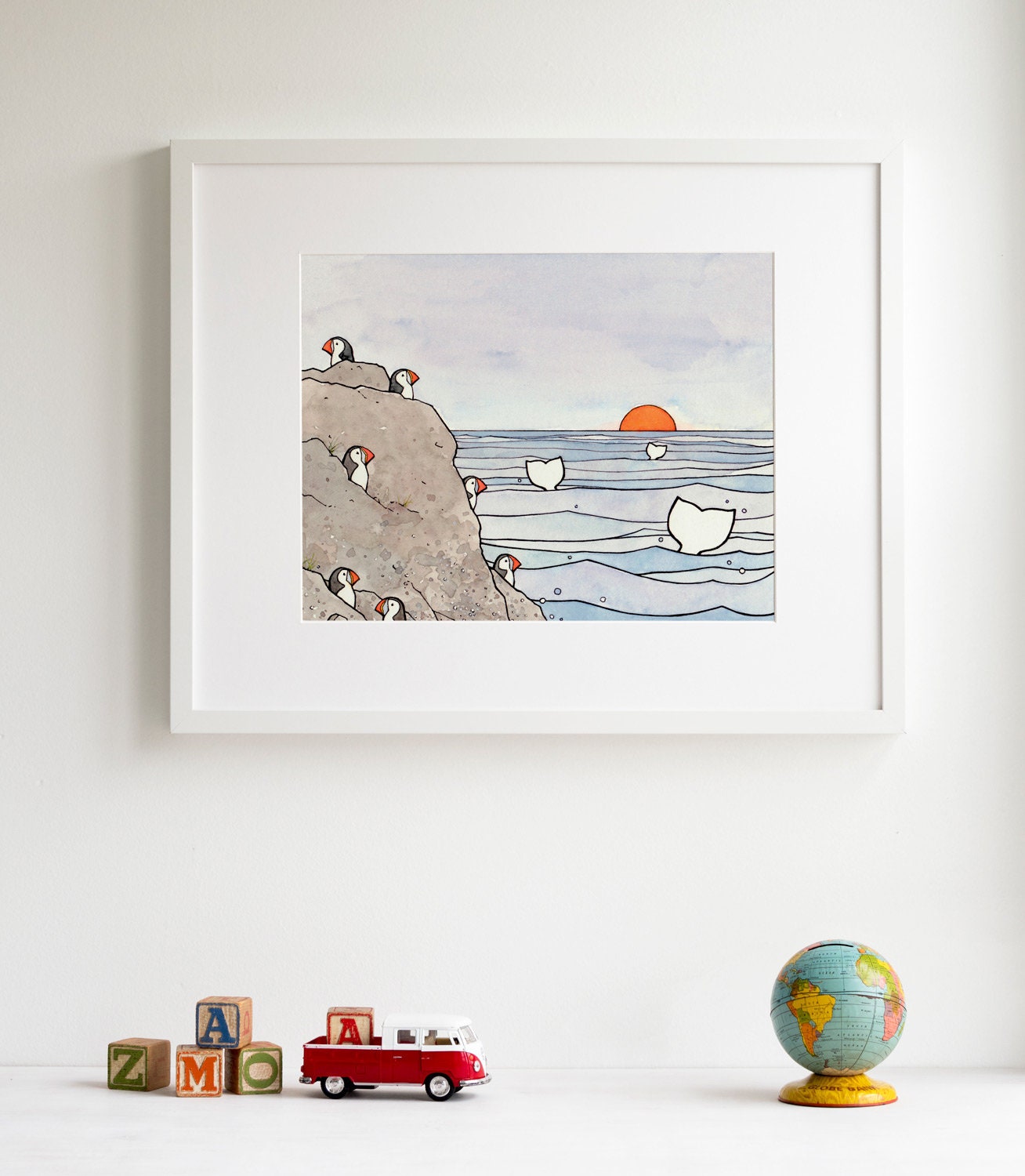 Whale Tails and Puffins Illustration Print, Nursery Wall Art, Coastal Bird Art