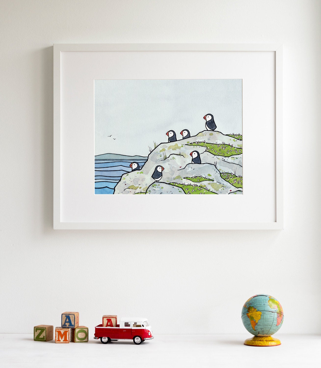 Puffins and Sea Thrift Print, Coastal Bird Art