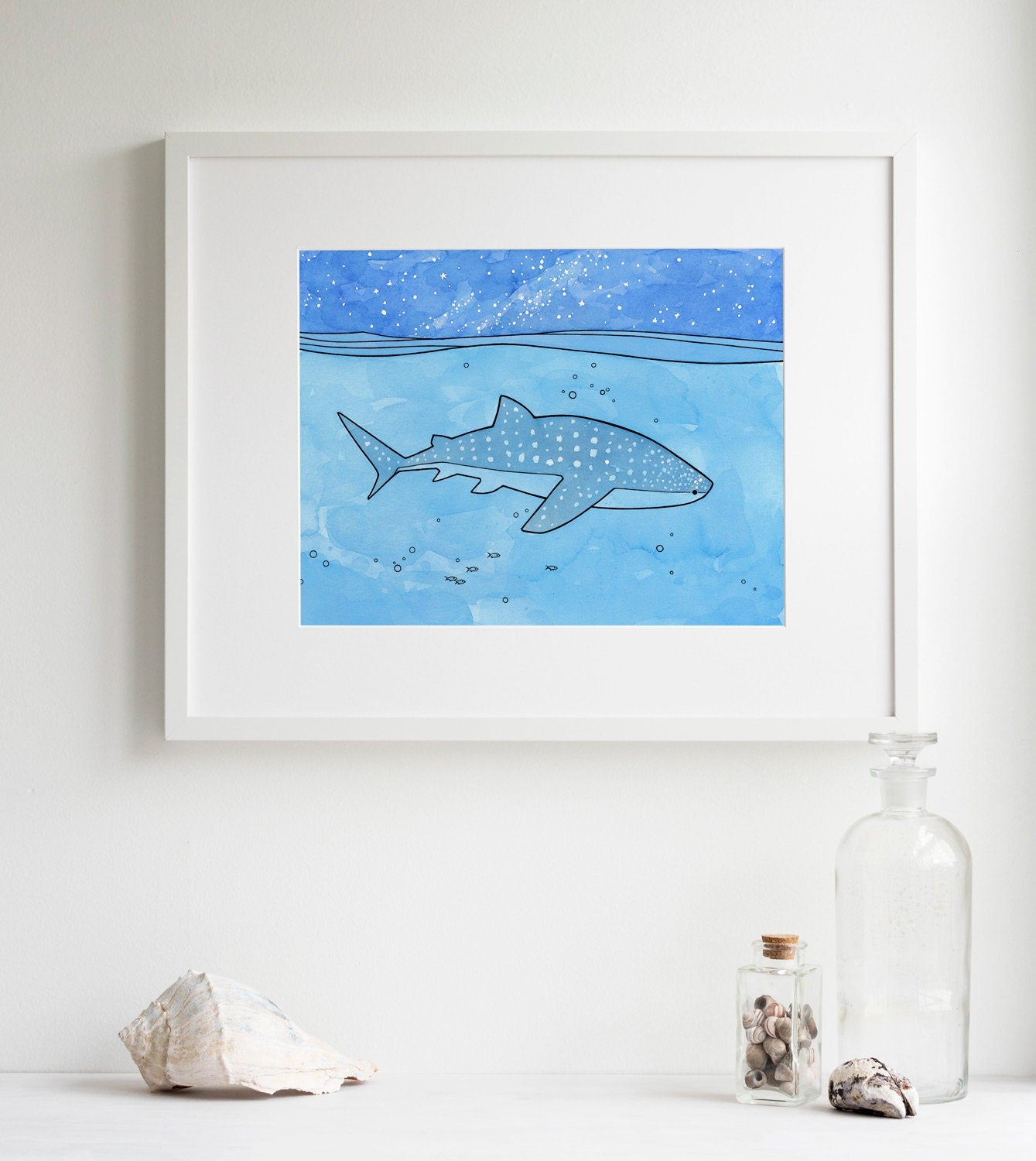 Whale Shark Ocean Watercolor Ink Illustration Print, Kids Wall Art