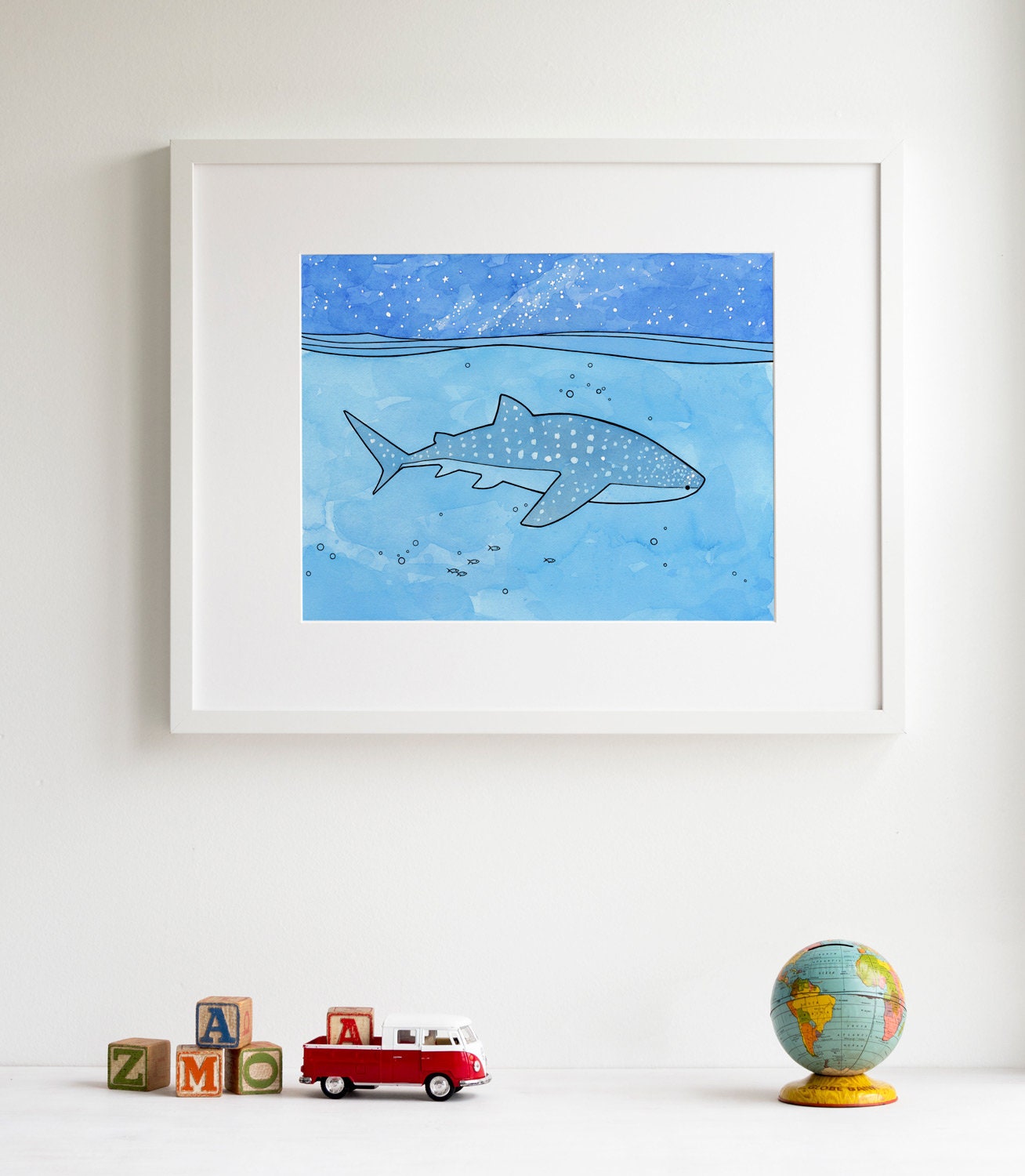 Whale Shark Ocean Watercolor Ink Illustration Print, Kids Wall Art