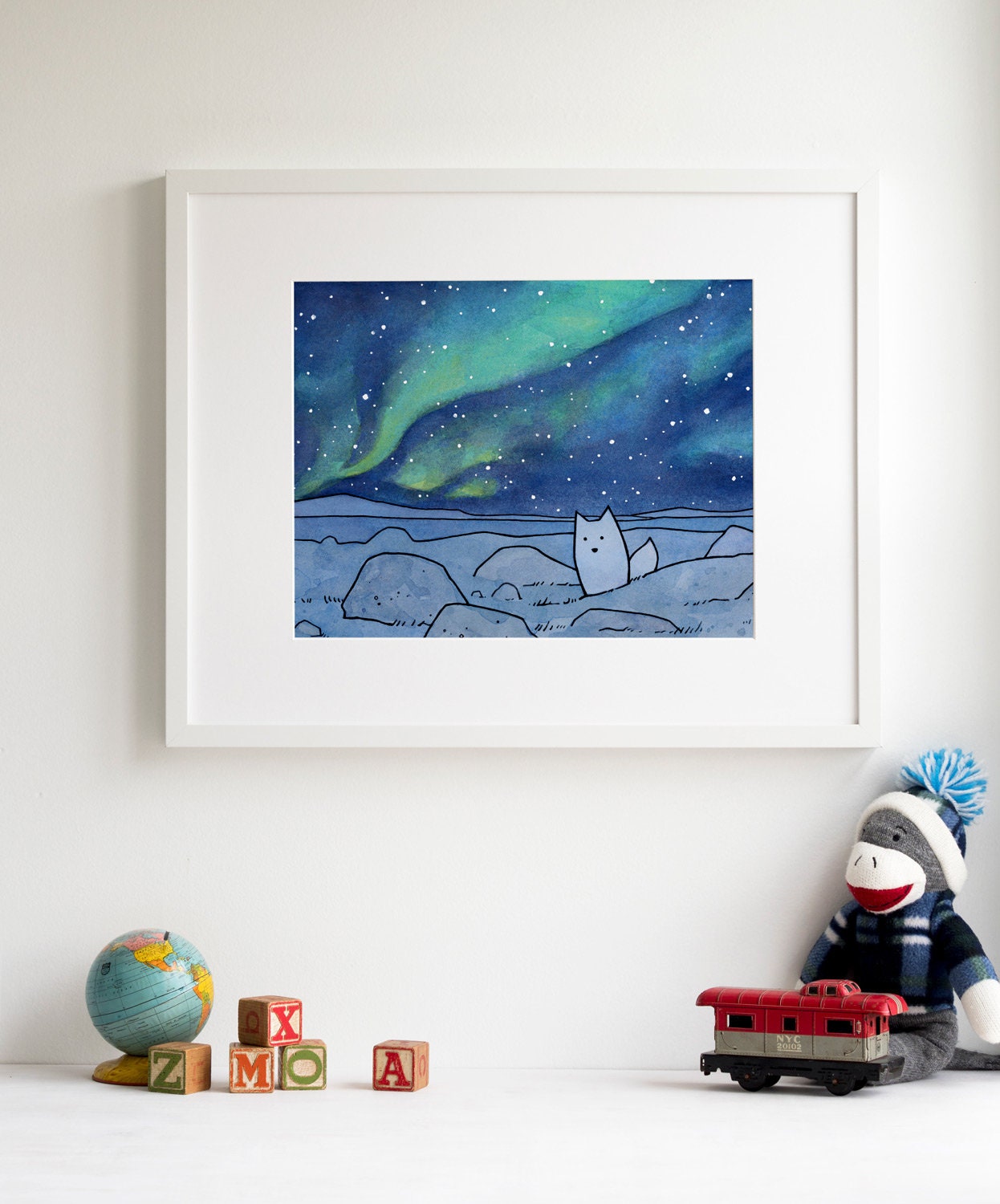 Northern Lights Arctic Fox Art Print, Watercolor Illustration, Kids Room Wall Art, Winter Decor