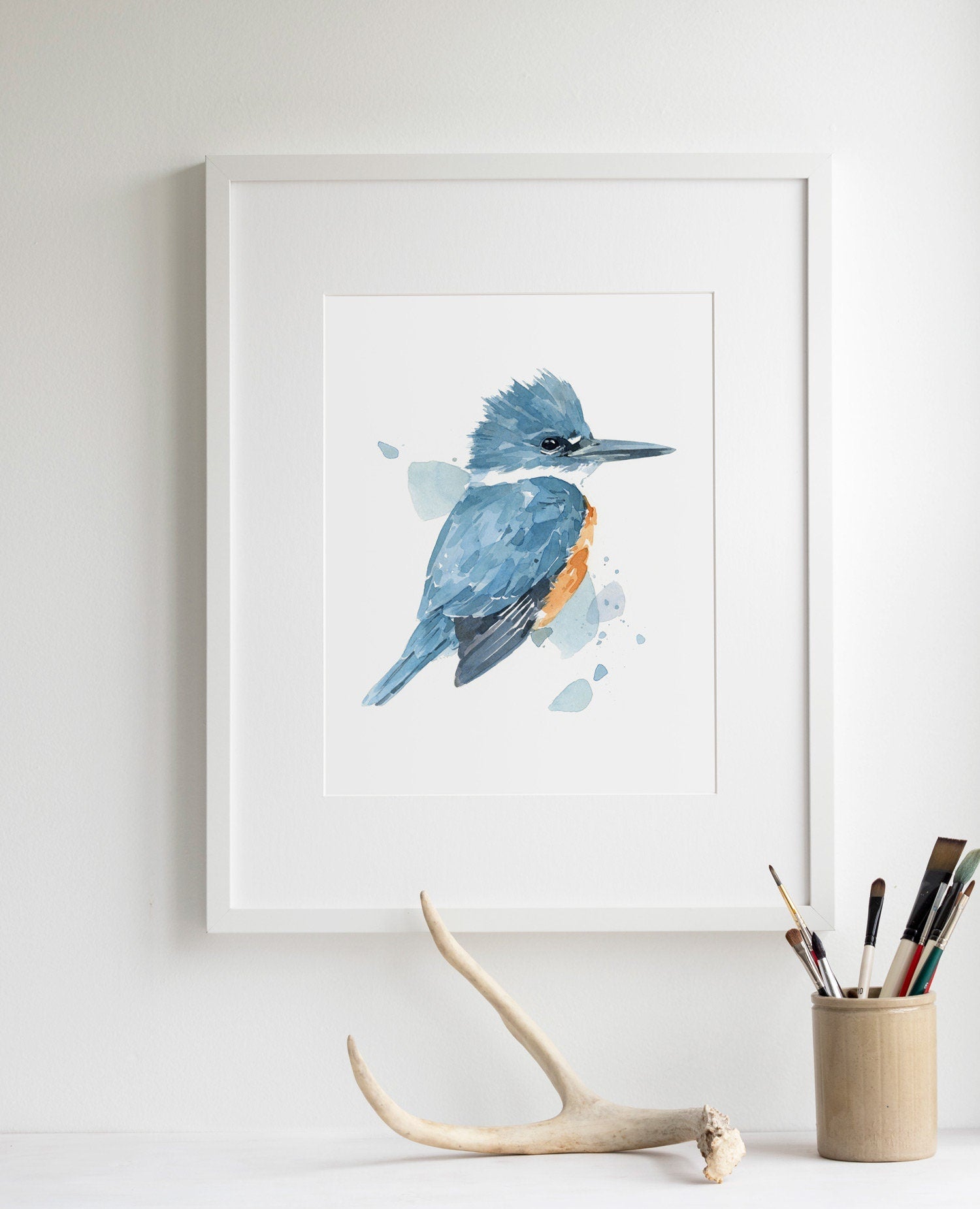 Kingfisher Watercolor Print, Bird Painting Wall Art