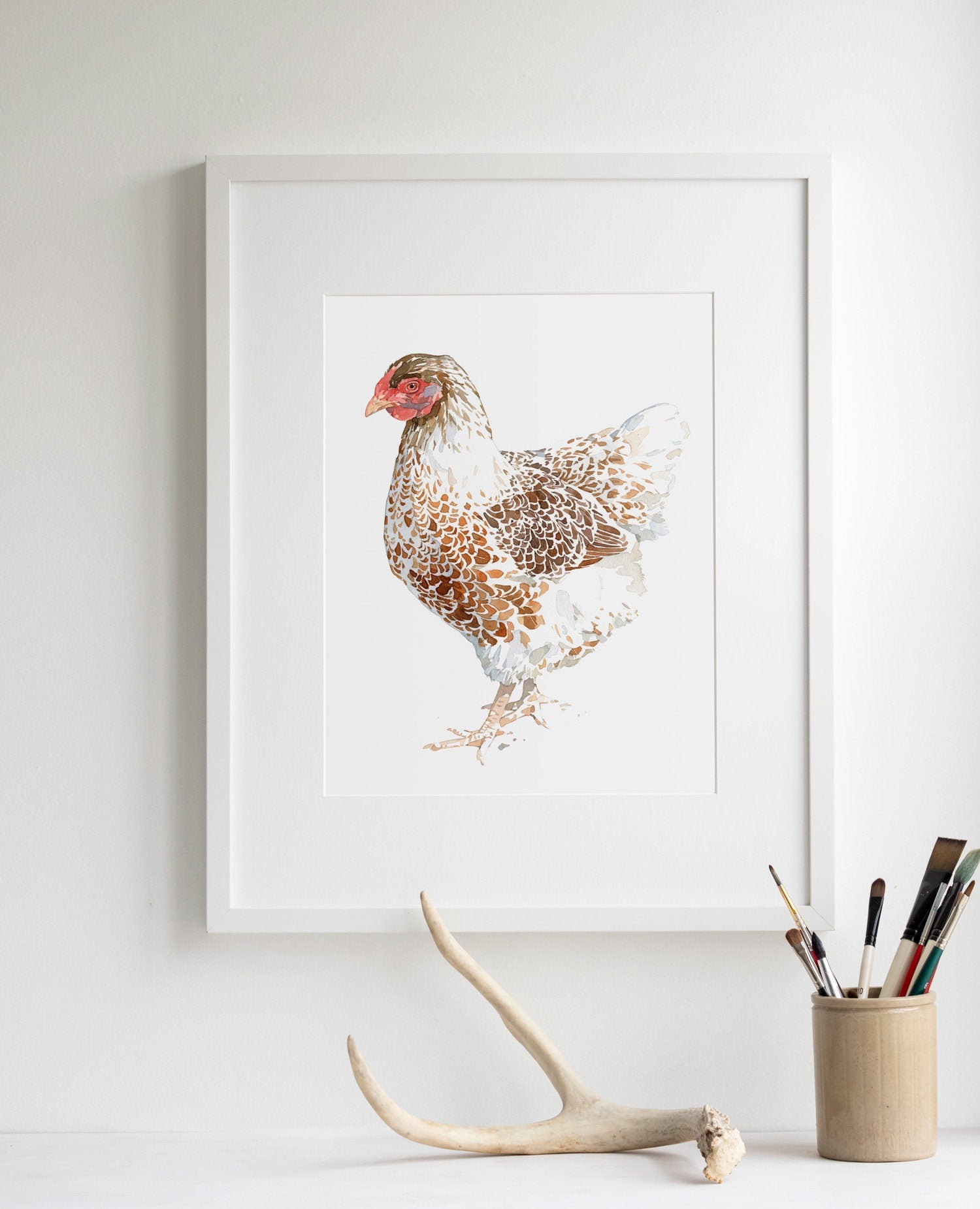 Chicken Watercolor Print, White and Brown Hen, 8x10 Farm Animal Print