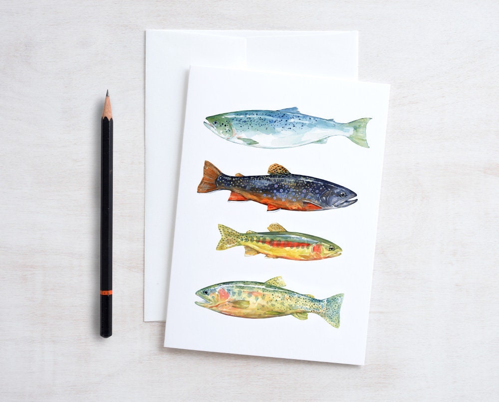 Fish Watercolor Art Card, Fathers Day Card, Colorful Trout and Fly Fis -  studiotuesday