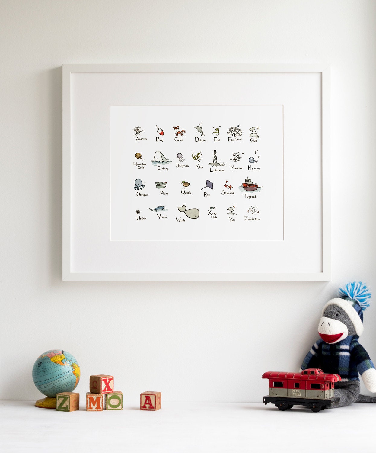 Ocean Alphabet Illustrated Print, Nautical ABC Art Print, Nursery Decor